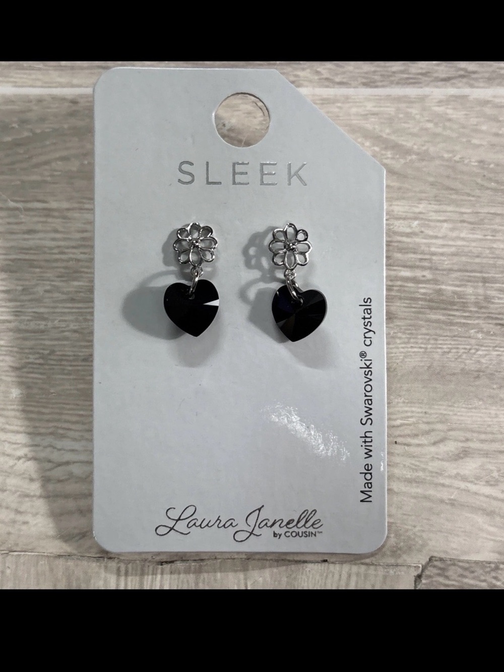 LAURA JANELLE SWAROVSKI Crystal Earrings Black Heart w/ Flower Silver Stud NIP